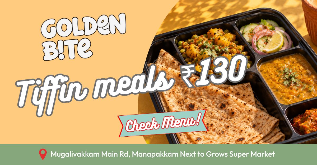 Golden Bite tiffin meals for ₹130 — roti, dal, sabzi and salad